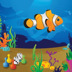 An illustration of a Coy fish swimming in the ocean with reef, dice and game pieces at the bottom of the ocean