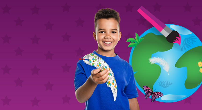Boy holding a Crayola Imagine Arts Academy take home snake that he competed. An illustration of earth, a butterfly and a pain