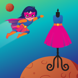 An illustration of a girl superhero flying to a dress on a dress rack